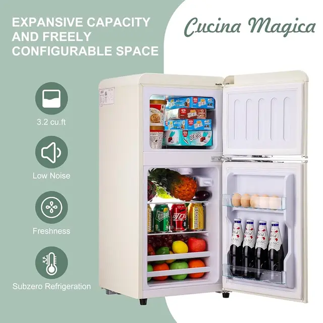 Mini Fridge With Freezer, 3.2 Cu.Ft Mini Fridge, Retro Small Refrigerator With Adjustable And Removable Double Doors, Suitable 2