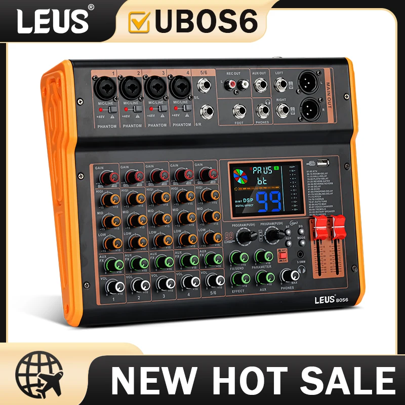 LEUS BOS4/6 Channel 99 DSP Effect Audio Mixer Record PC 48V Phantom Power USB Sound Mixers Bluetooth DJ Console Mixing for Karaoke