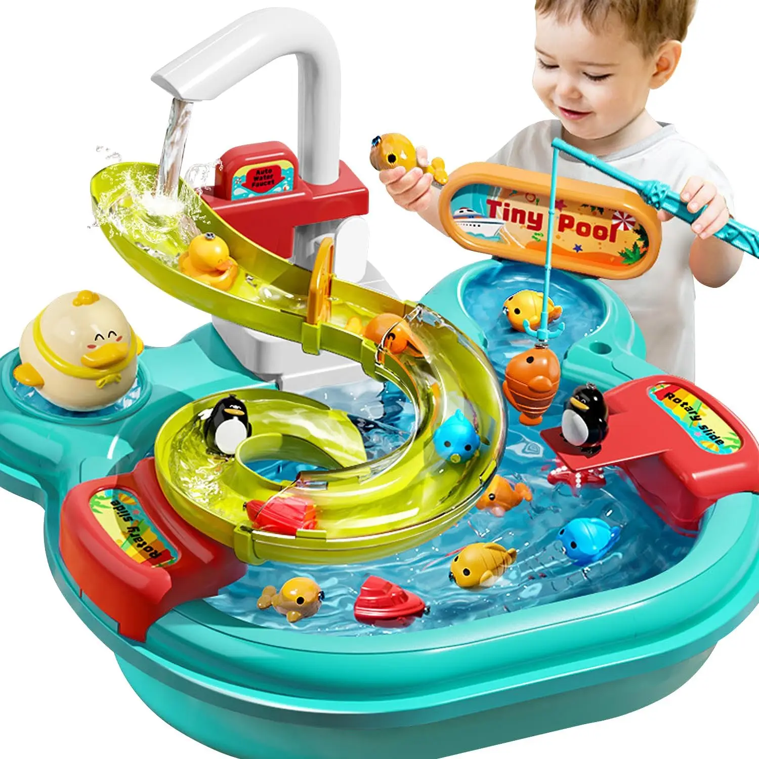 Play Sink with Running Water,3in1 Toddler Kitchen Toys,Water Table,Fishing Set,Track,Pretend Play Kitchen Cleaning Set Water Toy