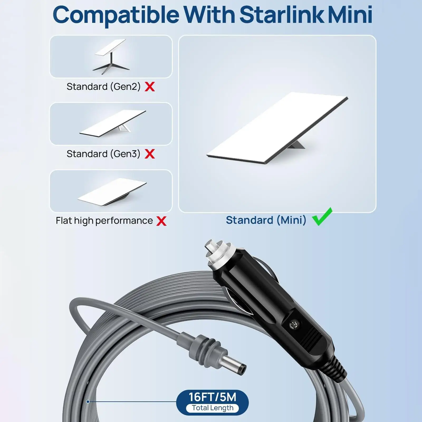 For Starlink DC Power Cable Direct to Cigarette 12V Adapter Power Cable for 16FT/5M Starlink Mini Waterproof DC Male to Lighter