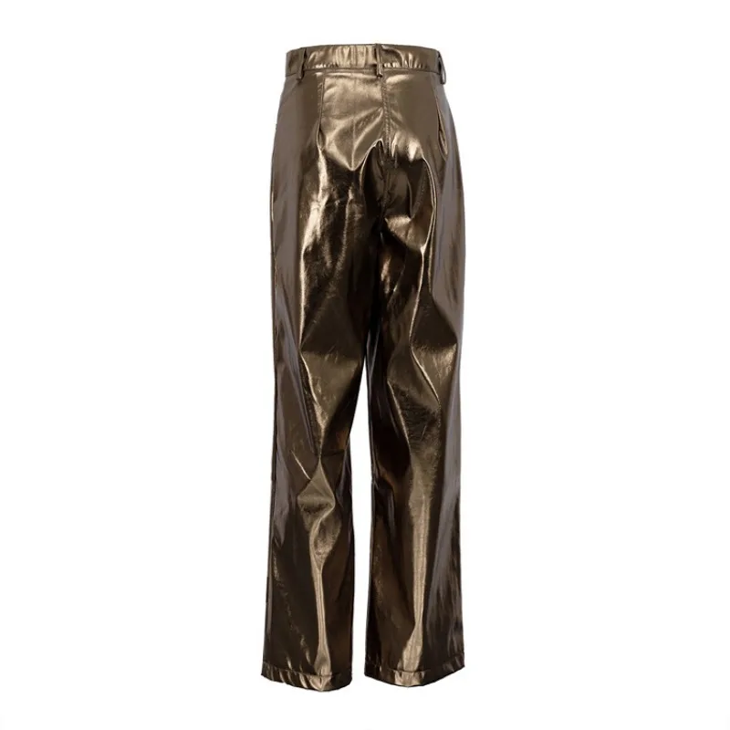 Pantalones de PU plateados para mujer, moda 2025, cintura alta, sueltos, pierna ancha, ropa de fiesta para chicas, ropa de calle, pantalones largos para mujer, otoño