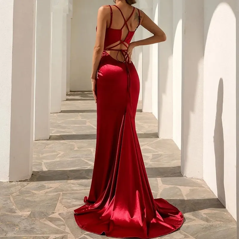 Sexy Mermaid V-Neck Prom Dresses Burgundy Simple Satin 2022 Party Evening Gown Lace-up Back Sleeveless Vestidos De Noche burgundy prom dresses