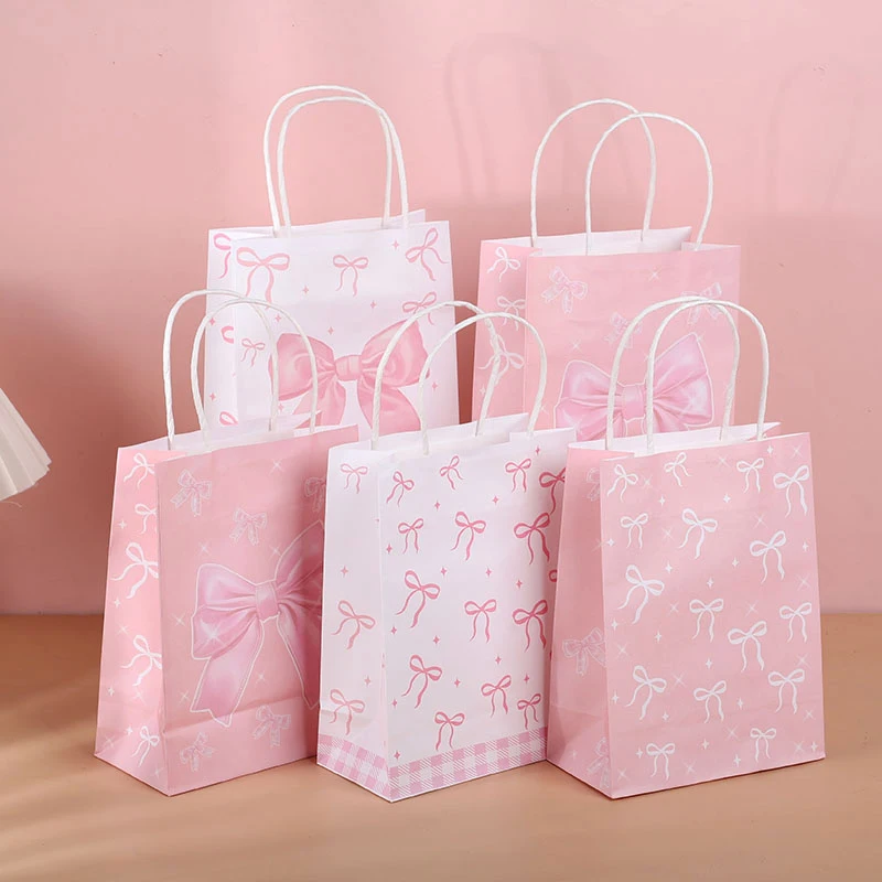 5/10Pcs Pink Bow Paper Gift Bags Candy Snack Treat Bag Kids Girls Birthday Party Supplies Baby Shower Decoration Gift Packaging