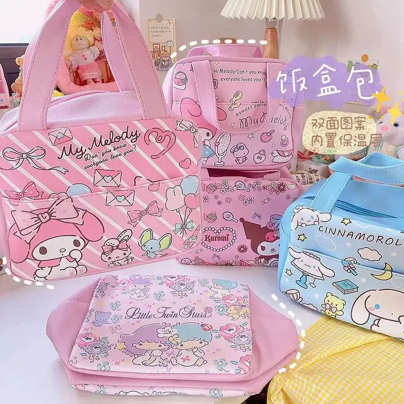 Sanrio Hello Kitty Portable Lunch Bag Kuromi Cinnamoroll My Melody School Bento Portable Dinner Container Picnic Food Storage