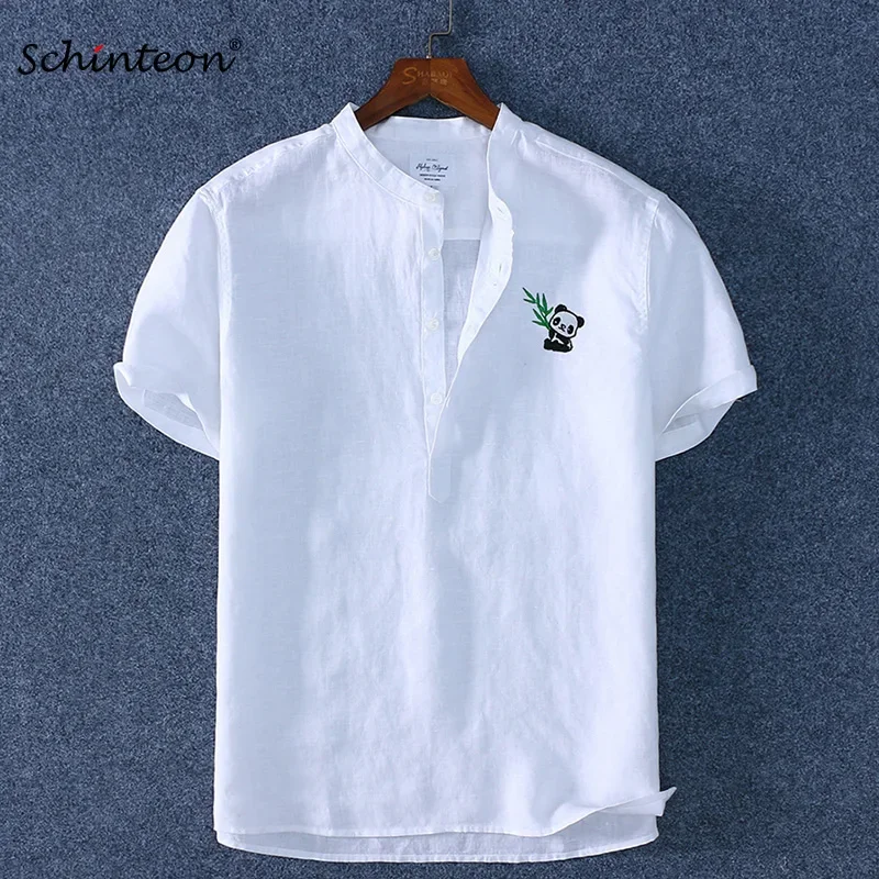 Men Casual Shirt Schinteon 100% Pure Linen Summer Stand Collar Short Sleeved Comfortable Pullover Shirt