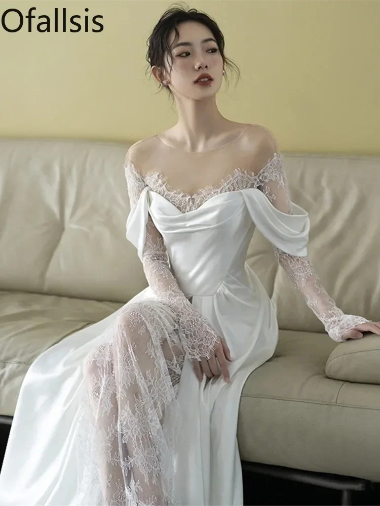 

Ofallsis French Style Satin Light Lace Stitching Wedding Dress 2024 New Elegant Bridal Style Retro One Shoulder Light Dresses