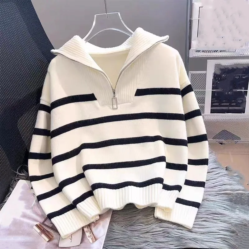 Casual Sweater Women Zipper Turtleneck Striped Pull Femme Thicked Casual Sueter Ropa Mujer Korean Knit Oversized Cardigan Coat