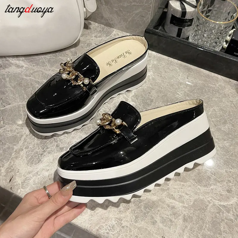 Chain Pearl Wedges Platform Mules Sandals Women Luxury Brand Design High Heels Slipper Women Wedge Platform pumps Loafers 35-42 5