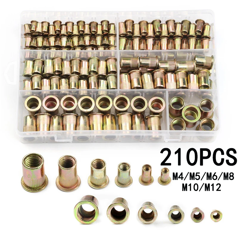 100/165/210PCS M3 M4 M5 M6 M8 M10 M12 Rivet Nuts Tools Carbon Steel Rivnuts Blindnuts Nuts Insert Rivet Multi Sizes Tools 60pcs rivet nuts zinc plated carbon steel m3 m4 m5 m6 m8 m10 knurled flat head rivet nuts set multi sizes insert rivet nuts