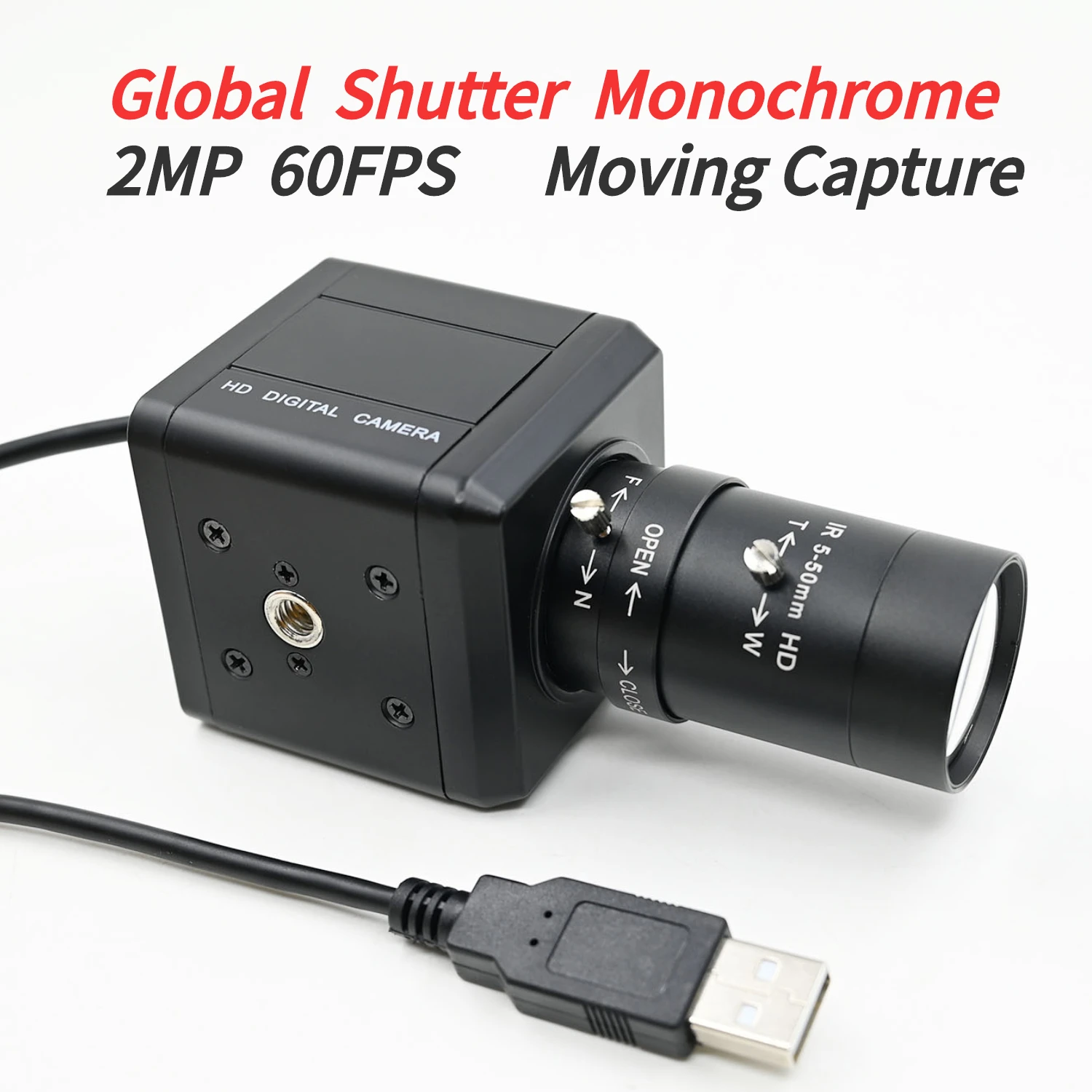 Global Shutter Camera USB 2MP 60FPS Monochrome High Speed Moving Capture With CS Lens 5-50mm 2.8-12mm Plug And Play 1600x 1200 global shutter high speed 60fps 720p 1mp webcam uvc plug play white monochrome sensor usb camera module for barcode scan