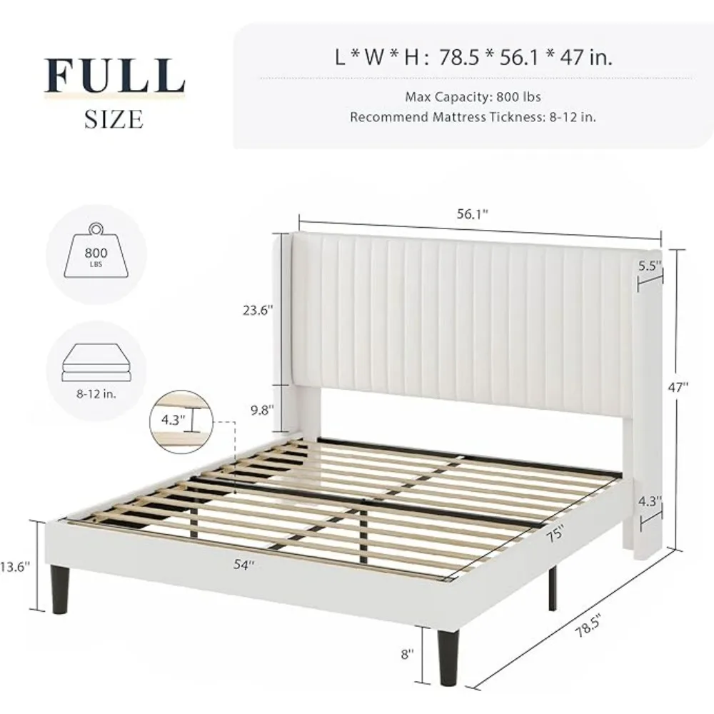 Full Size Velvet Bed Frame/Vertical Channel Tufted Wingback Headboard/Upholstered Platform Bed/Strong Wooden Slats/Easy Assembly 2