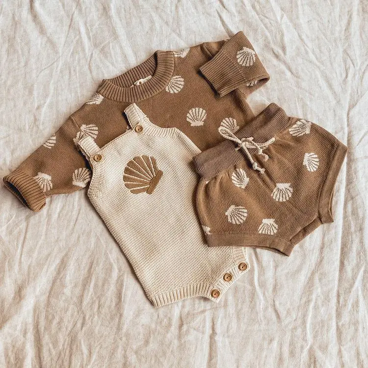 Baby Summer Clothing Sets kids clothes set two piece set baby girl clothing set shorts suit 0-18M Toddler Infant Boys Girls Shell Print Strap Button Plaid Knitted Bodysuits + Shorts Tracksuits