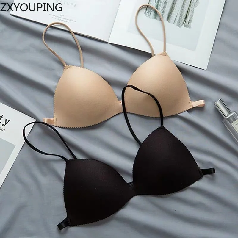 2PCS Women Wire Free Bra, Sexy Beautiful Back Bra, Seamless Thin Triangle Cup Small Breast Push Up Bra Set 2