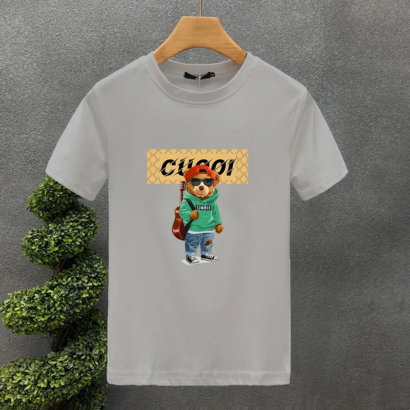 Guitar Bear Brand100% Cotton High Quality Print Couple Tees Summer Haruku For Men/Women Short Sleeve T-shirt Asian Size_voghion.com