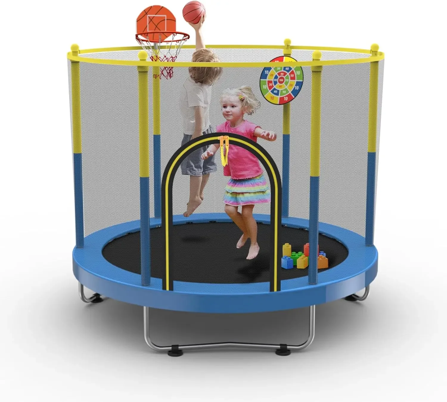 72" Trampoline for Kids with Net,6 FT Indoor & Outdoor Small Toddler Trampoline with Basketball Hoop & Dart Board for Ages 1-8,