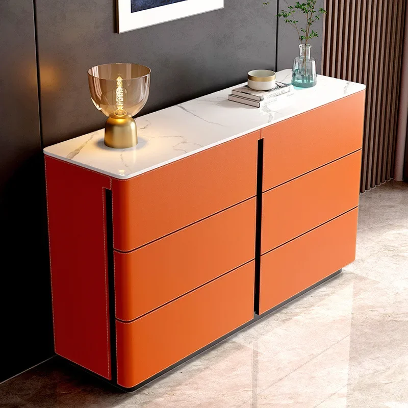 

Italian minimalist slate sideboard light luxury high-end porch cabinet saddle leather foyer partition cabinet