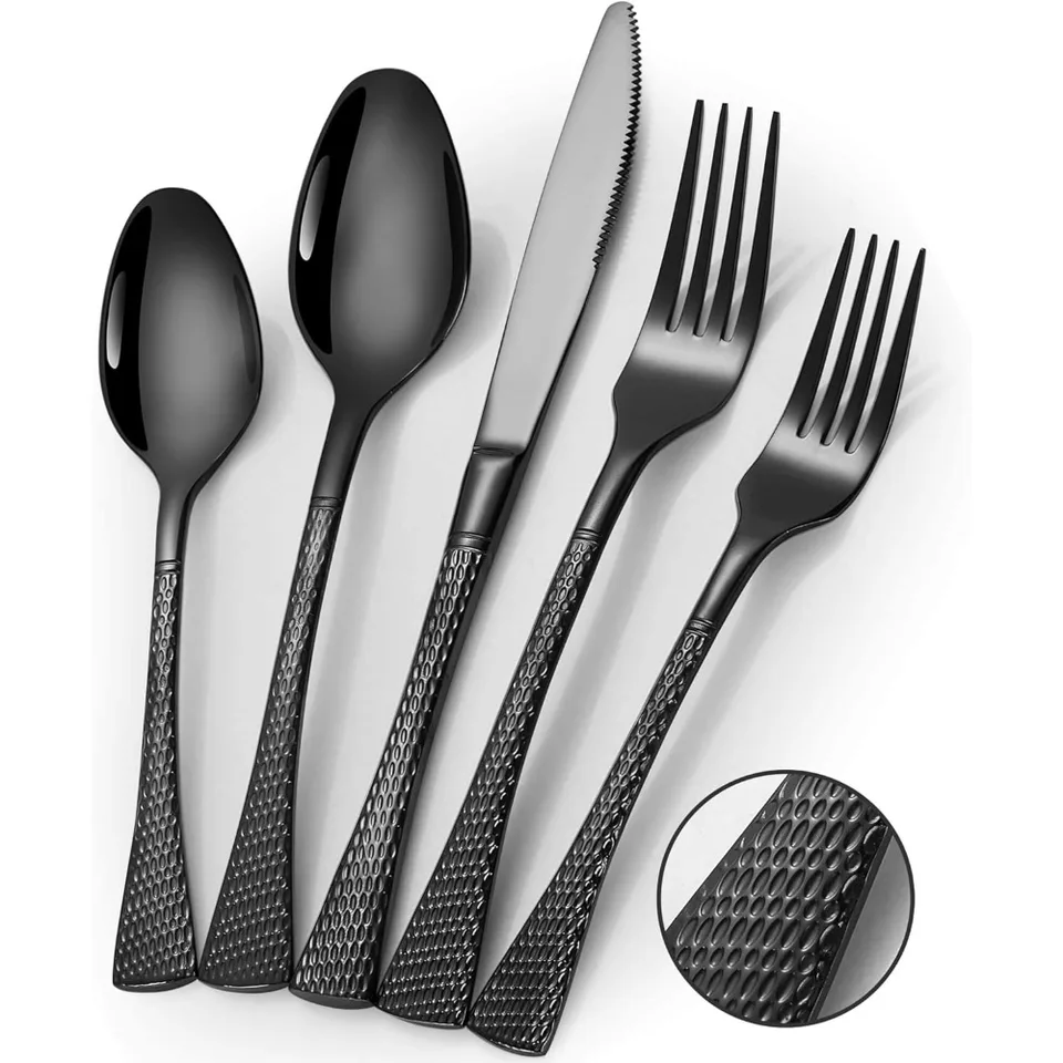 Modern Hammered Black Stainless Steel Silverware Set