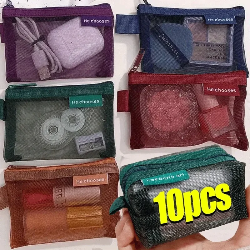 1/10Pcs Transparent Mesh Coin Purse Mini Zipper Bag Earphone Data Cable Storage Bag Travel Organizer ID Credit Card Holder Pouch 2