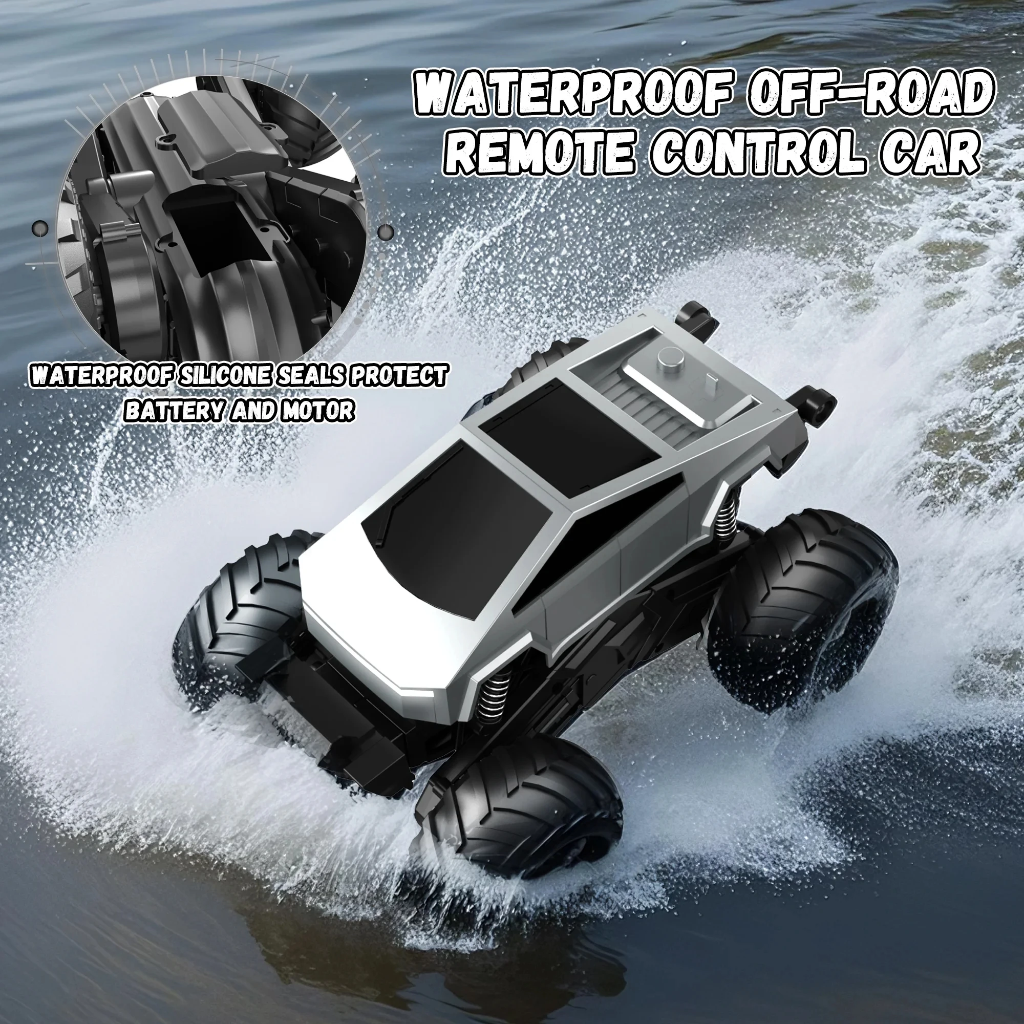 Camion Monster Truck RC Tout-Terrain Cyber effectuant un saut, télécommande 2.4GHz en main