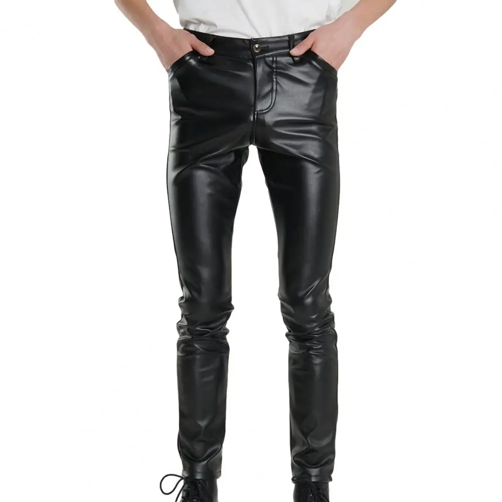 Description Picture 3 of itemButton Zip Closure Pants Men's Slim Fit Faux Leather Pants with Pockets Soft Breathable Mid Waist Trousers for Motocycle