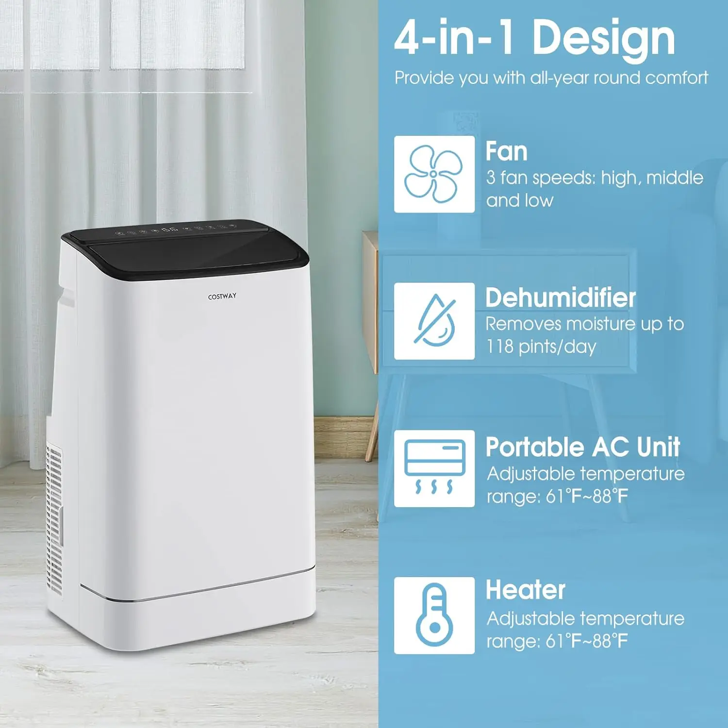 15000 BTU Portable Air Conditioner, with Heat, Auto Swing 4-in-1 AC Unit for Rooms up to 800 Sq.Ft, with Built-in Dehumidifier 3
