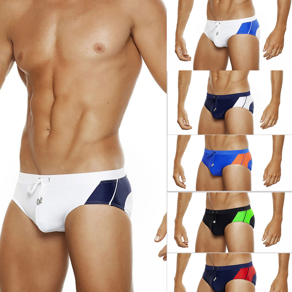 European and American Summer Colorblock Triangle Swimsuit Men's Lace-Up Swim Beach Board Shorts Swimming Trunks With Push Pads