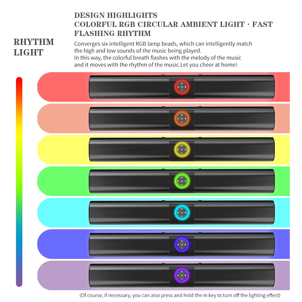The vibrant colors of light of the Wireless Bluetooth Soundbar