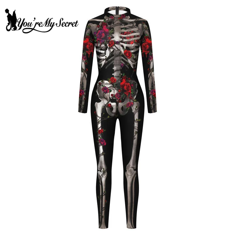 [You're My Secret] Halloween Girls Ghost Adult Skeleton Cospaly Costume Carnival Party Zentai Bodysuit Scary Show Outfit Suits