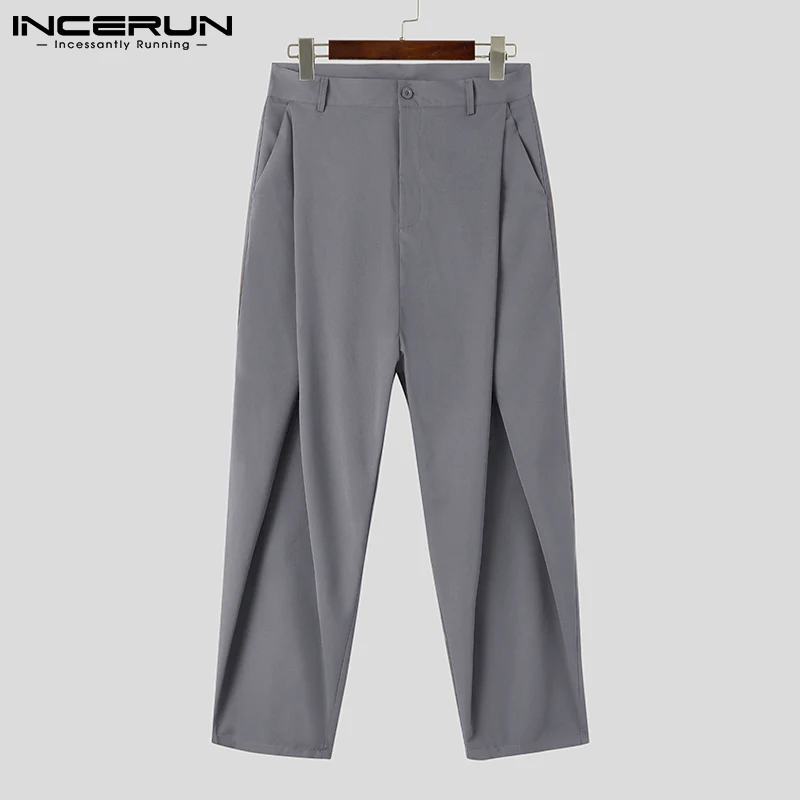 INCERUN 남성 바지 솔리드 컬러 2024 버튼 streetwear 조깅 루즈 한 바지 남성 플리츠 포켓 패션 캐주얼 롱 바지 S-5XL