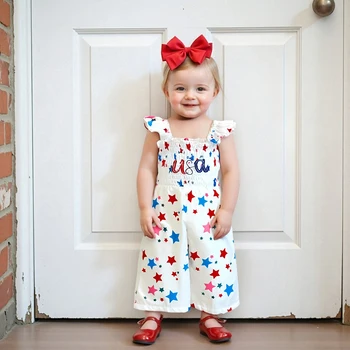 Toddler 4th of July Romper with Star Print and Smocked Pants Girl s Sleeveless Jumpsuit for Summer Celebrations 1
