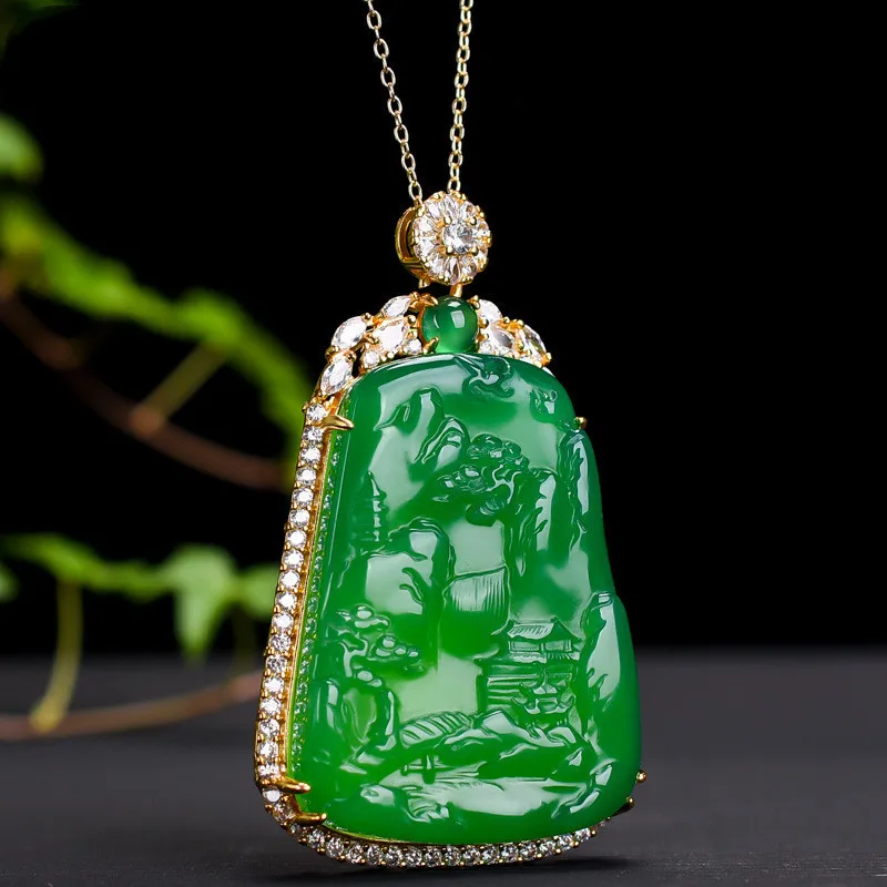 

Natural Agate Inlaid with Chrysoprase Landscape Brand Pendant Women's Fashion Joker Necklace Jewelry