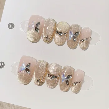 10pcs Short Oval Handmade Press On Nails Kit, Golden Fake Nails, Gentle Elegant Wearable Nail Art, Golden Butterfly 1