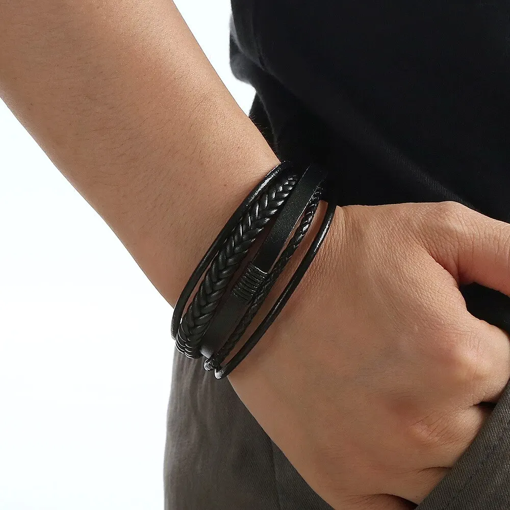 Leather Bracelet Men Genuine Multilayer Braided Rope