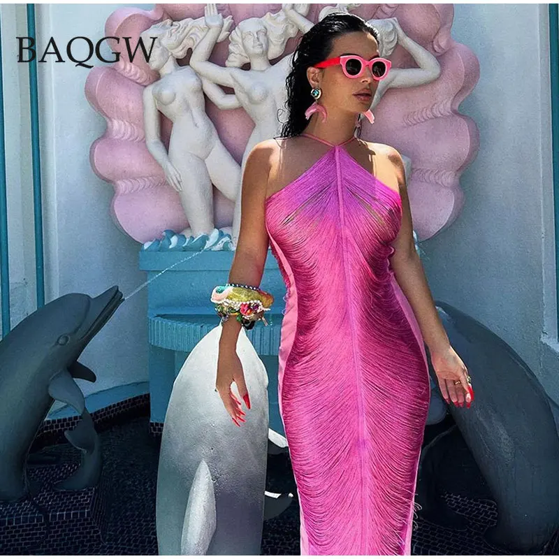 Tassel Patchwork Summer Cut Out Sleeveless Lady Dress Sexy Party Dress Women Party Fringe Long Backless Bodycon Female Dresses