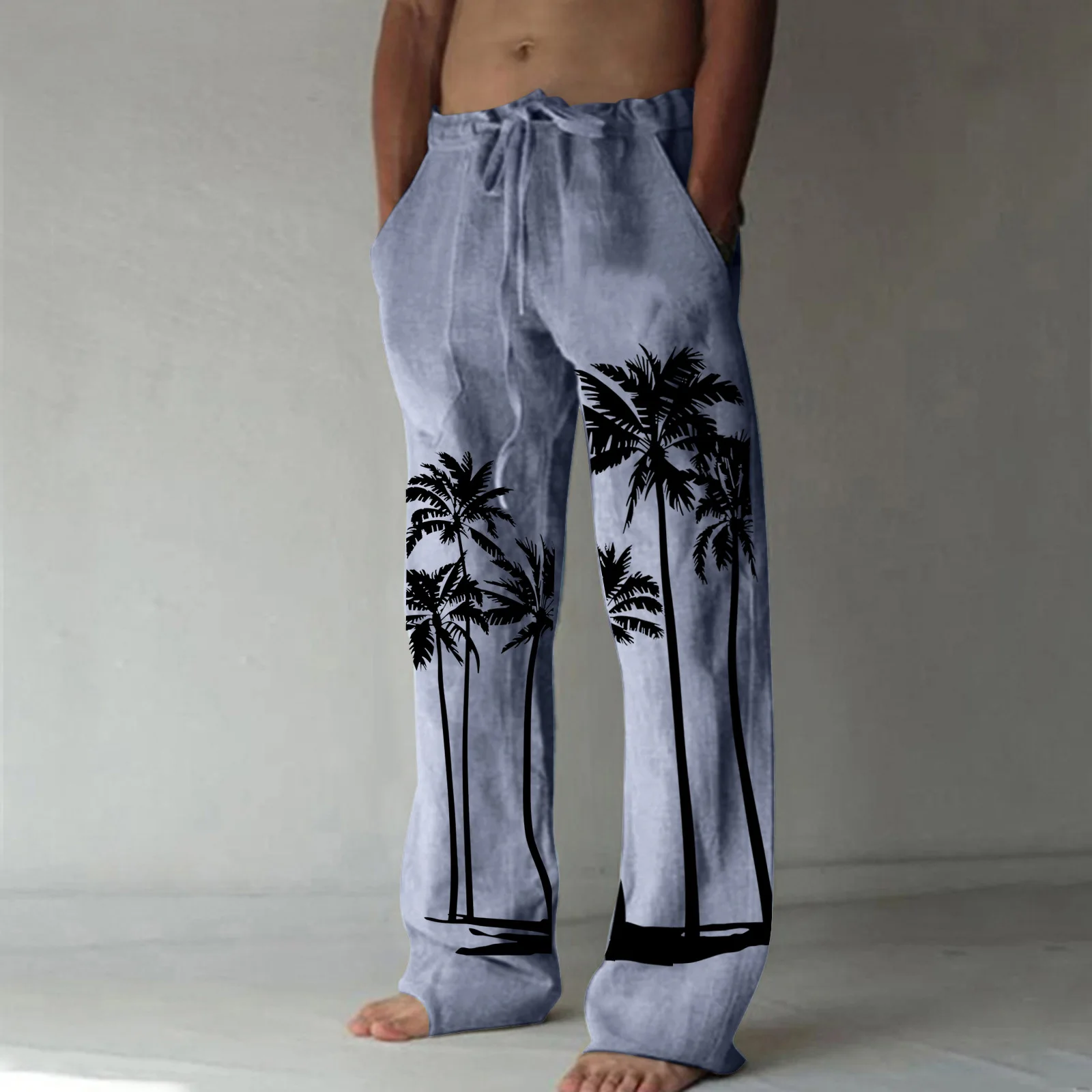 

Summer Cotton Linen Pants Men Casual Coconut Tree Print Design Wide Leg Trousers Beach Hawaiian Breathable Loose Pants for Man