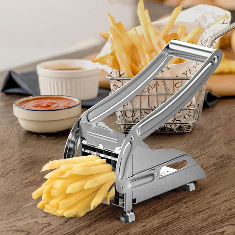 French Fry Cutter Stainless Steel Manual Potato Slicer with 2 Blades