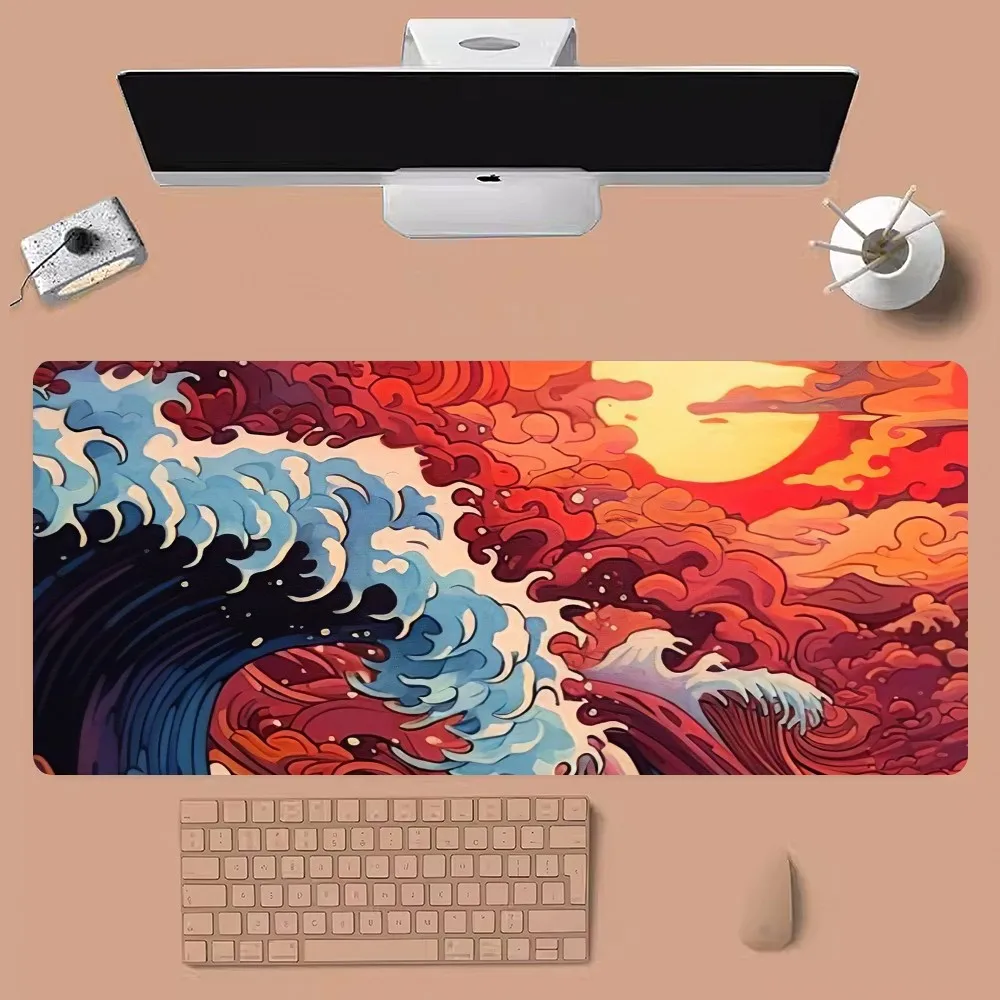 Alfombrilla de ratón con diseño de olas grandes de Japón, alfombrilla grande para ratón y teclado para ordenador de juegos
