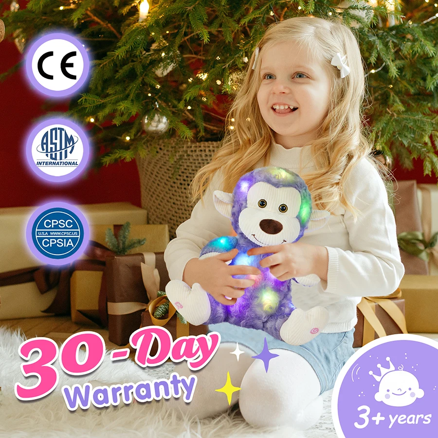 32cm Purple Monkey Doll Toys Luminous Stuffed Animal Pillow Musical LED Light Plush Toy Lovely Glowing Toys for Children Kids