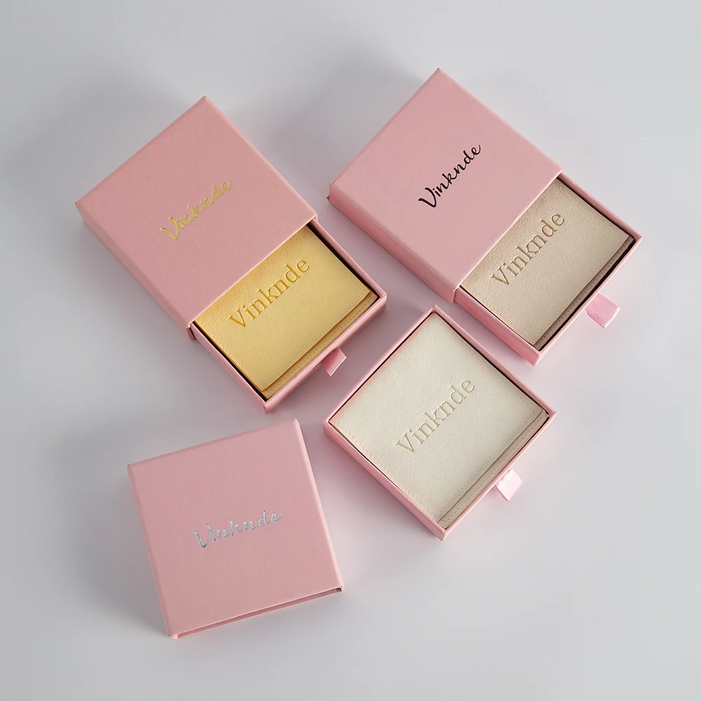 100Sets Jewelry Packaging Mini Envelope Flap Microfiber Jewelry Print Logo Pouch and 100pcs  Pink Drawer Print Logo Paper Box