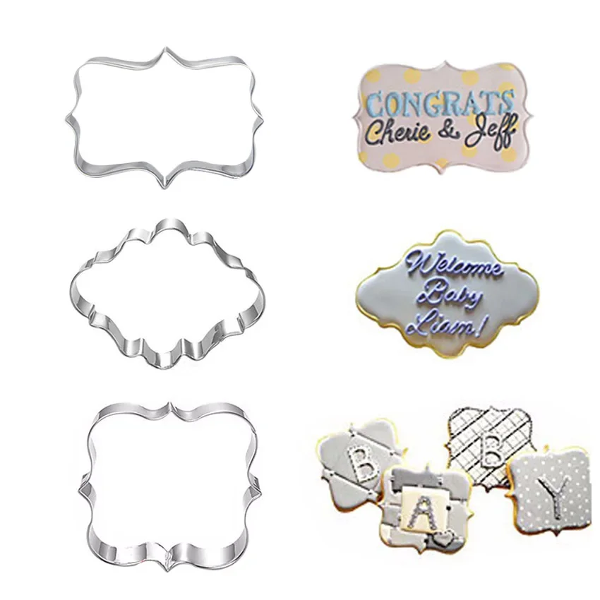 Cookie Cutter Sugar Biscuit Mold 3Pcs Plaque Cutter Cookies Frame DIY Cake Oval Square Rectangle Fancy Stainless