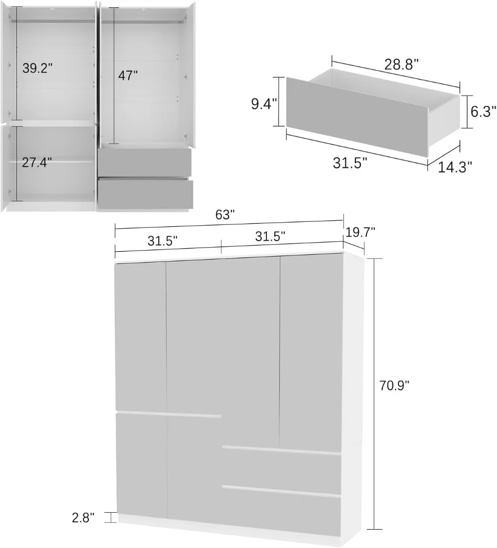 Large Mirror Wardrobe Armoire with Drawers 63" Wide Wardrobe Armoire Closet with Glass Full Length Mirror Doors Drawers 2