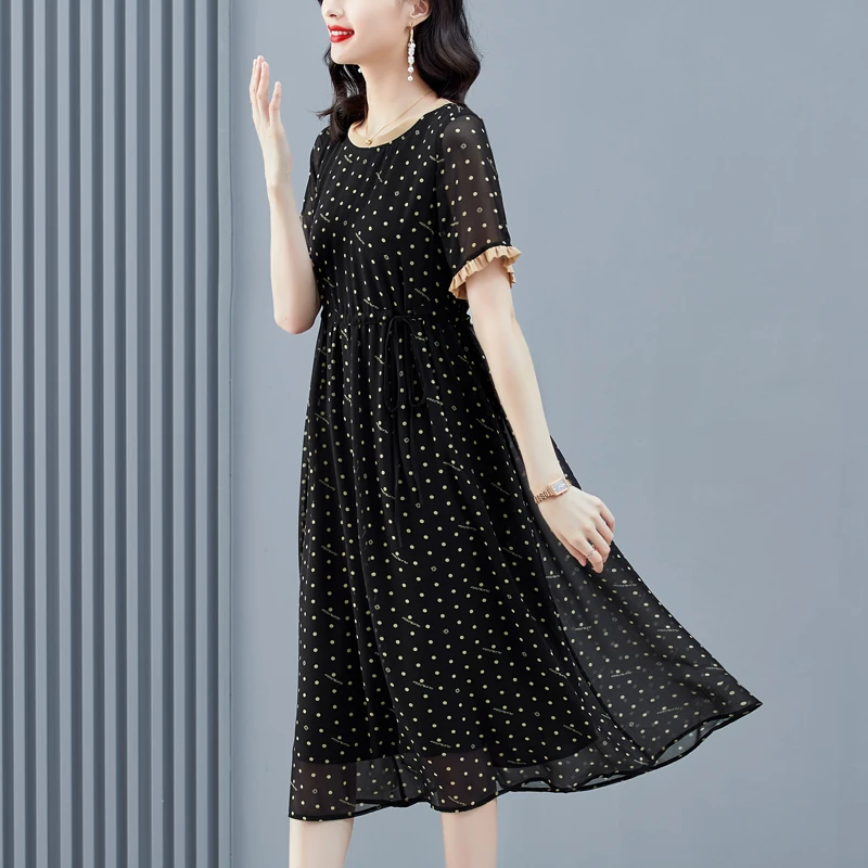 

Женское шелковое платье с круглым вырезом, черное свободное повседневное праздничное платье с коротким рукавом, лето 2023
