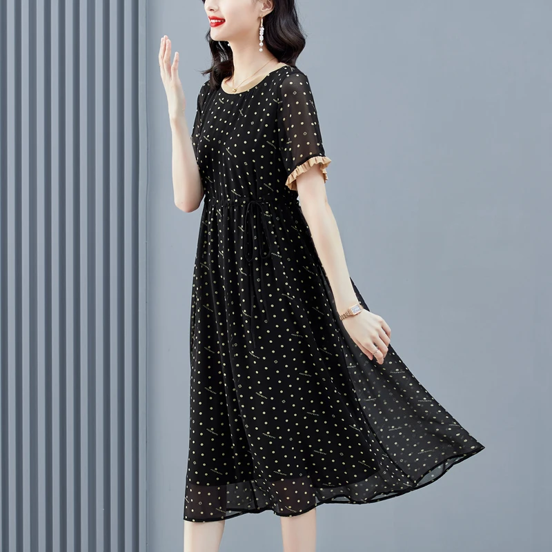 

2023 New Silk Dress Women's Summer Versatile Black Round Neck Short Sleeve Loose Fit Casual Holiday Dress Vestidos