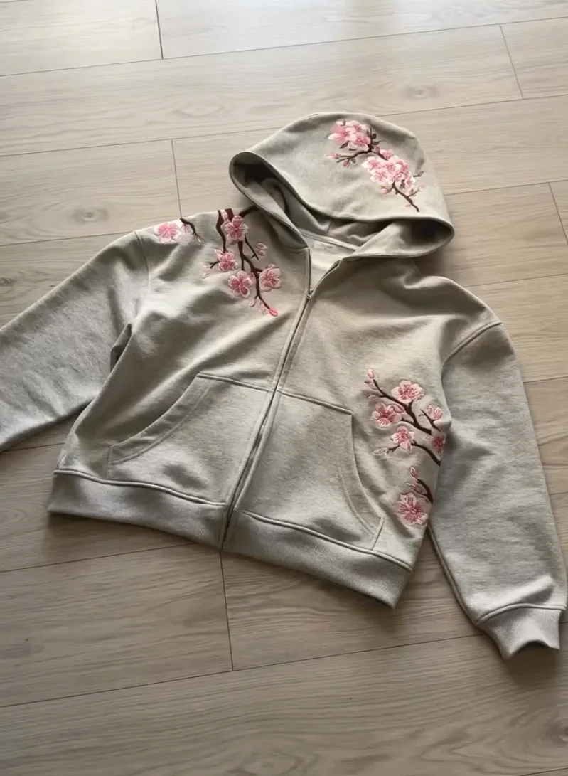 Y2K Vintage Oversized Cherry Blossom Embroidered Hooded Jacket Mens Womens Pink Zipper Coat Harajuku Hip Hop Graphic Streetwear