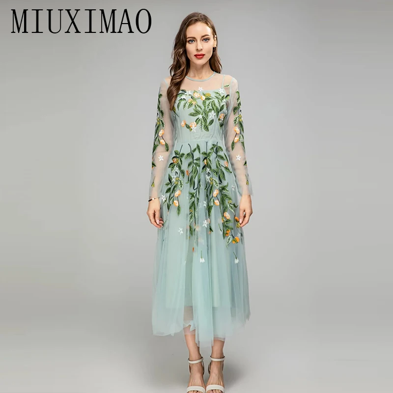 

MIUXIMAO 2023 High Quality Spring&Summer Elegant Dress Long Sleeve O-Neck Print Guaze Fashion Long Dress Women Vestide