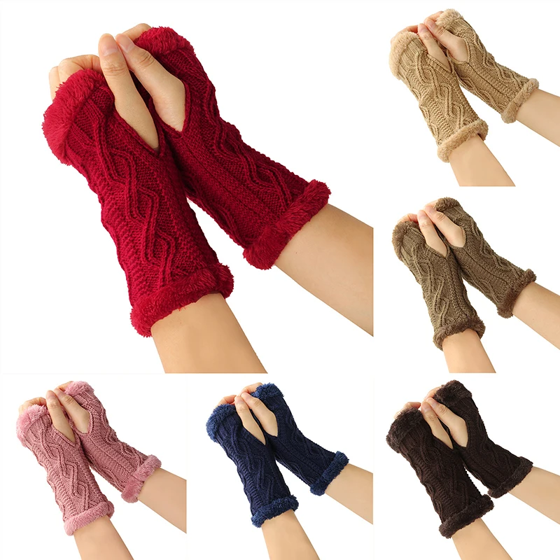 

Women Stylish Gloves Hand Warmer Winter Mittens Thicken Plush Knitting Gloves Crochet Twist Pattern Fingerless Glove