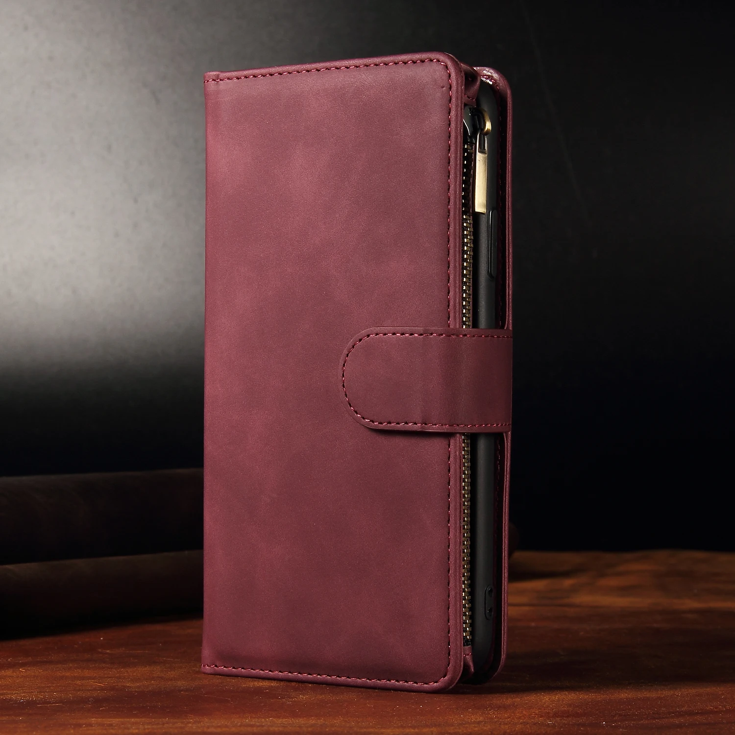 Leather Zipper Purse Flip Wallet Phone Case with Multi-Card Slots