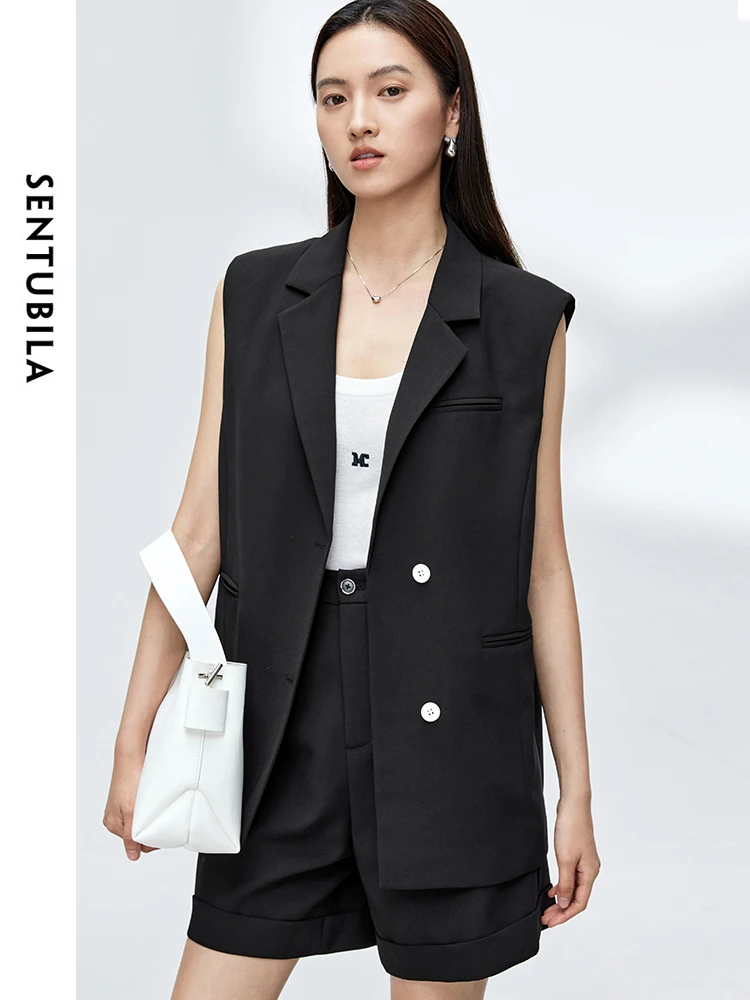 SENTUBILA Black Blazer Suits Office Ladies 2024 Elegant Sleeveless Suit Jacket Straight Shorts Casual 2 Piece Set M32Z49309