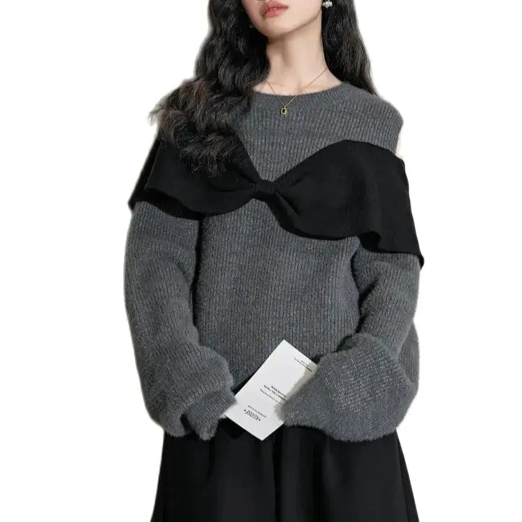 Women Fashion Loose Knit Sweater Sexy Off Shoulder Long Sleeve Gray Bow Jumpers Female Pullovers Korea Chic Tops