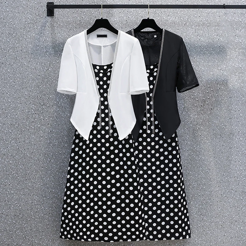 

Women Fashion Elegant Office Open Stitch Blazer Lady Outfits 2 Piece Summer Draped Spaghetti Strapless Camisole Dot Dress Suits